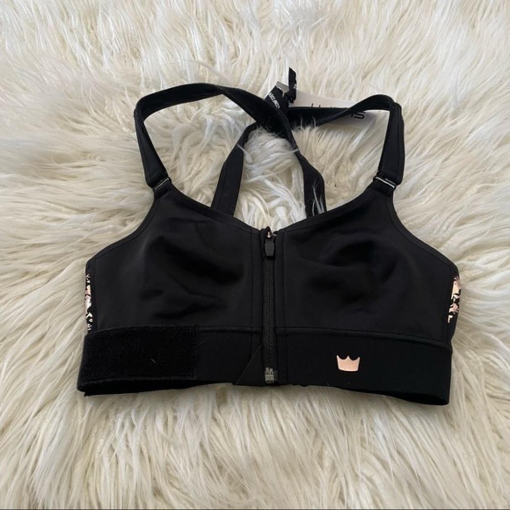 Shefit Small black sports bra high impact front closure NWT